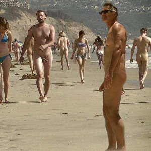 True nudist flashing cock on the beach with milf friends